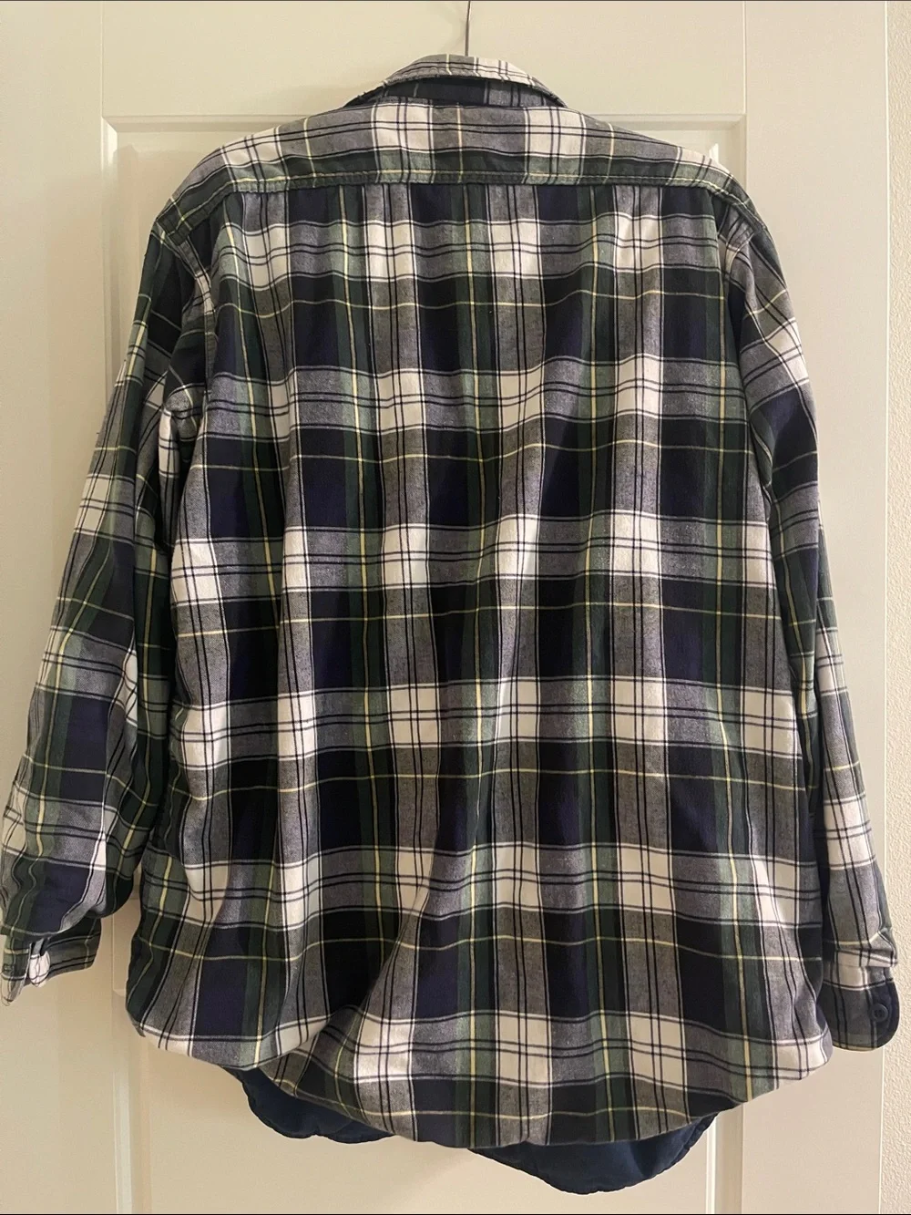 L.L. Bean Vintage Navy, White & Green Plaid Button-Down Flannel Shirt